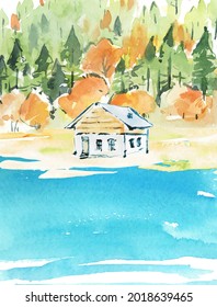 Watercolor autumn hand draw vector illustration with forest, river and house. Romantic landscape. Nature background. Design for poster, postcard, banner, print