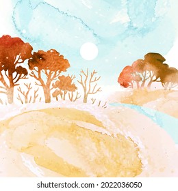 Watercolor autumn hand draw vector landscape. Autumn forest and river under blue sky isolated on white dackground. Design for print, poster, banner, postcard