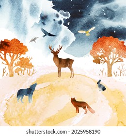 Watercolor autumn hand draw vector landscape with animals silhouettes. Deer, hare, fox, wolf, birds and trees under night sky. Design for print, poster, banner, card, postcard