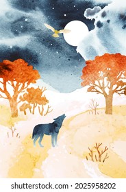 Watercolor autumn hand draw vector landscape with animals silhouettes. Deer, hare, fox, wolf, bear and birds under night sky . Design for print, poster, banner, postcard