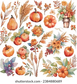 Watercolor autumn harvest set with pumpkins, berries and leaves on white background.