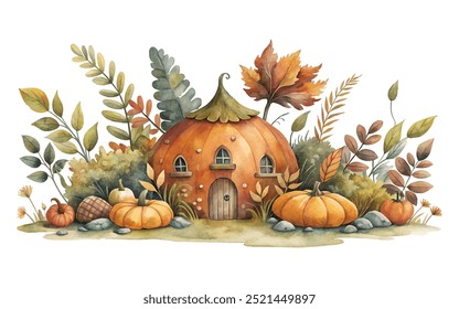 Ilustración de la acuarela del otoño con una casa de la calabaza y las plantas del bosque en el fondo blanco