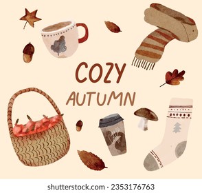 Watercolor Autumn illustrations, hand drawn, vector . Halloween. Fall leaves, acorns, basket with apples, scarf, book ,sock, coffee. Collection of autumn illustrations isolated on white