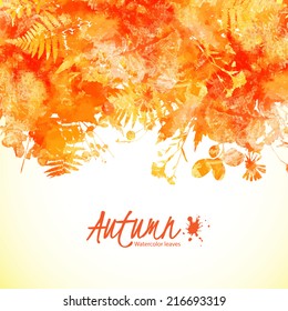 Watercolor autumn leaves background. Abstract art vector illustration of natural realistic flowers and leaves silhouettes in orange, yellow colors. Flower floral silhouette with art watercolor texture