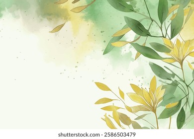 Watercolor autumn leaves design featuring a gradient of warm colors and scattered leaves.
