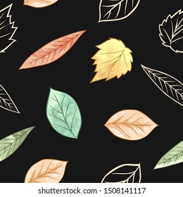Watercolor autumn leaves and doodle seamless pattern on black background, vector illustration.