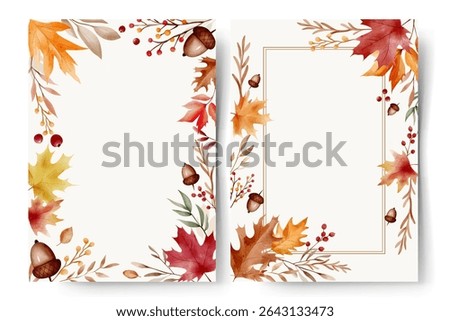 Watercolor autumn leaves frames with text space. Hand painted fall foliage border for cards and invitations