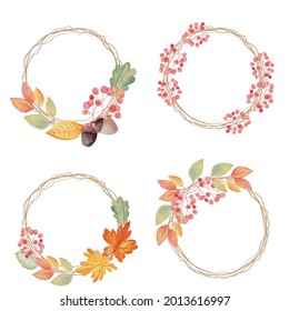 watercolor autumn leaves on dry twig wreath frame collection