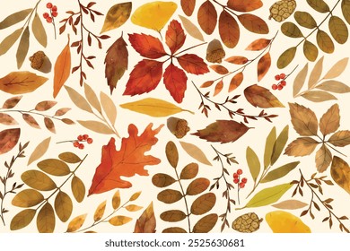 Watercolor autumn leaves pattern. Autumn foliage watercolor collection set, fall leaves, maple leaf, acorns, berries, spruce branch. Forest design elements illustration