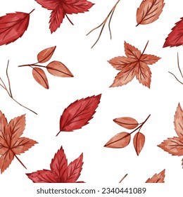 Watercolor autumn leaves seamless pattern. 