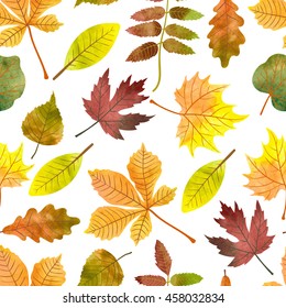 Watercolor autumn leaves seamless pattern. Vector colorful fall background with maple, chestnut, rowan, poplar leaves. 