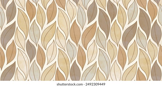 Watercolor Autumn leaves, vector seamless pattern. Brown leafs falling background, textured fall leaf print.