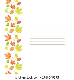 Watercolor autumn leaves. Vertical border template with space for text. For banner, poster, packaging design, postcard. Hand Drawn vector illustration.