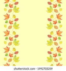 Watercolor autumn leaves. Vertical border template with space for text. For banner, poster, packaging design, postcard. Hand Drawn vector illustration.