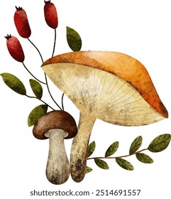 Watercolor Autumn Mushroom. Autumn. Fungus. Fall.