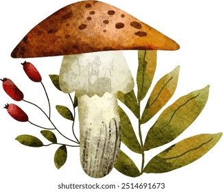 Watercolor Autumn Mushroom. Autumn. Fungus. Fall.