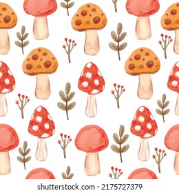 Watercolor autumn mushrooms seamless pattern. Vector illustration