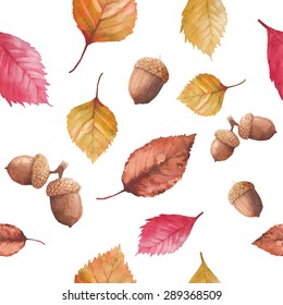 Watercolor autumn nature seamless pattern. Hand drawn texture with red, yellow and orange tree leaves, acorn and cone on white background. Vector season wallpaper