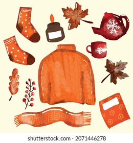 Watercolor autumn objects collection including cloud with sweater, scarf, hot chocolate, oak leaf, candle, socks, diary and berries