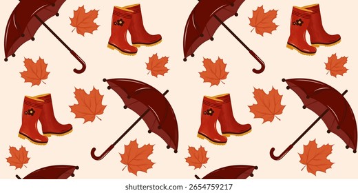 Aquarell Herbstmuster mit Elementen der Gemütlichkeit der Regenzeit.Helle Farbpalette in Herbsttönen vermittelt gemütliche Jahreszeit.Für Verpackungsdesign, Stoffe, Schreibwaren, Tapeten und saisonalen Druck