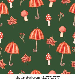 Watercolor autumn pattern with red umbrella. Vector illustration