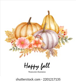 Watercolor autumn pumpkin, fall season vector illustration