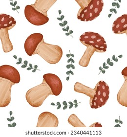 Watercolor autumn seamless pattern. Mushroom background