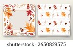 Watercolor autumn set with frame and seamless pattern with fall leaves for seasonal design and decoration