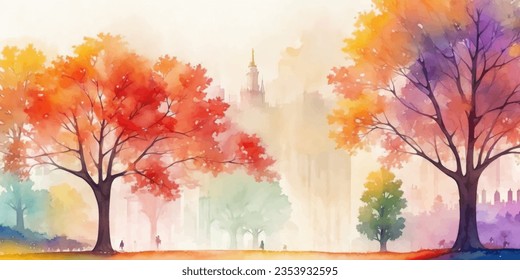 Árboles de otoño acuáticos y paisaje de la ciudad. Hermoso paisaje acuático otoñal con parque colorido y ciudad.Diseño de acuarela para el paisaje otoñal y la carpa