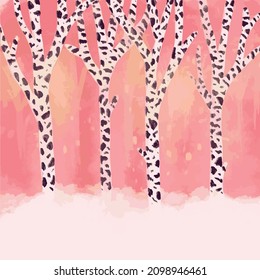 Watercolor Autumn Trees Forest. Vector Illustration of Pink Garden Hand Drawn.