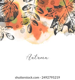 Watercolor autumn vector abstract template  with leaves in black, green and brown colors. Vintage illustration with drops, splashes and space for text. Design for print, banner, card, ad, flyer