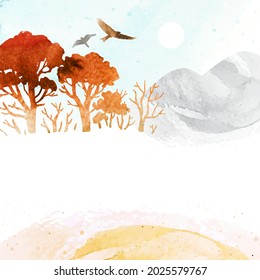 Watercolor autumn vector landscape. Background with silhouette mountains, trees ​and birds under blue sky. Template frame for invitation, poster, flyer, banner, card