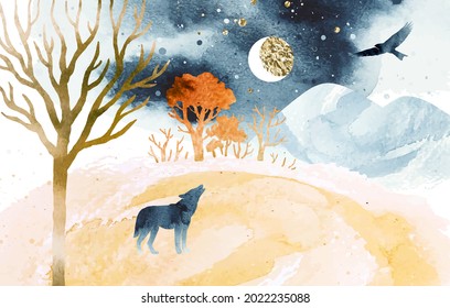 Watercolor autumn vector landscape in blue and orange colors. Illustration of mountains, trees, eagle ​and wolf under night sky. Silhouette of wolf howling at the moon. 