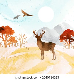 Watercolor autumn vector landscape in orange colors. Illustration of mountains, trees, deer ​and birds under blue sky. Silhouette of deer and birds