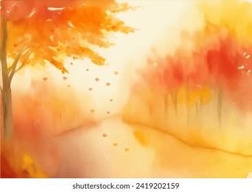 watercolor Autumn waterfront landscape and Autumn leaves, vector