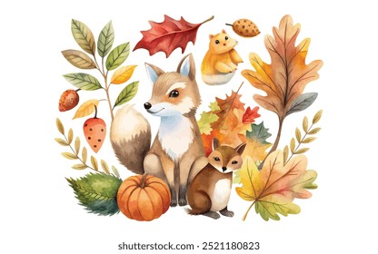 Acuarela Otoño Bosque Animal Clipart Ilustración vectorial