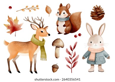 Watercolor autumn woodland animals in clothes. Deer, bunny, squirrel with mushroom, leaves and pinecone. 