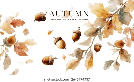 Aquarela bolotas outonais e design de folhas.