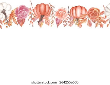 Watercolor Autumnal Floral Pumpkin Border