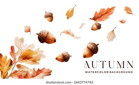 Aquarela folhas outonais e fundo de bolotas.