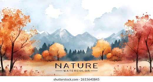 Watercolor autumnal mountain forest scene. autumnal landscape of mountains and forest