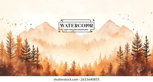 Watercolor autumnal mountain forest scene. autumnal landscape of mountains and forest