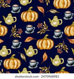 Watercolor autumnal seamless pattern with orange pumpkins, leaves and tea pot, vector hand made