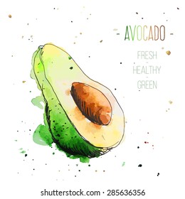 Watercolor avocado with splashes in free style. Fresh and juicy colors. Hand drawn isolated on white background. Vector illustration