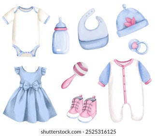 Watercolor baby accessories and cloth. Hand drawn nursery set in pastel colors. Things for newborn 