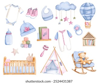 Watercolor baby accessories and toys. Hand drawn nursery set in pastel colors. Things for newborn 