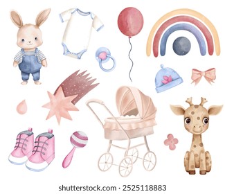 Watercolor baby accessories and toys. Hand drawn nursery set in pastel colors. Bunny, giraffe, rainbow