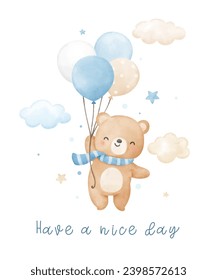 Watercolor baby bear with balloon in the sky For nursery kids Birthday party boy Print for invitation card Poster Template