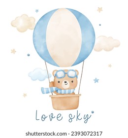 Watercolor baby bear on a hot air balloon For nursery kids Birthday party boy Print for invitation card Poster Template