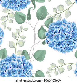 Watercolor baby blue eucalyptus and hydrangea flowers seamless pattern, silver dollar eucalyptus tree foliage, branch, greenery. Decorative background in rustic boho style for wedding invite, fabric.